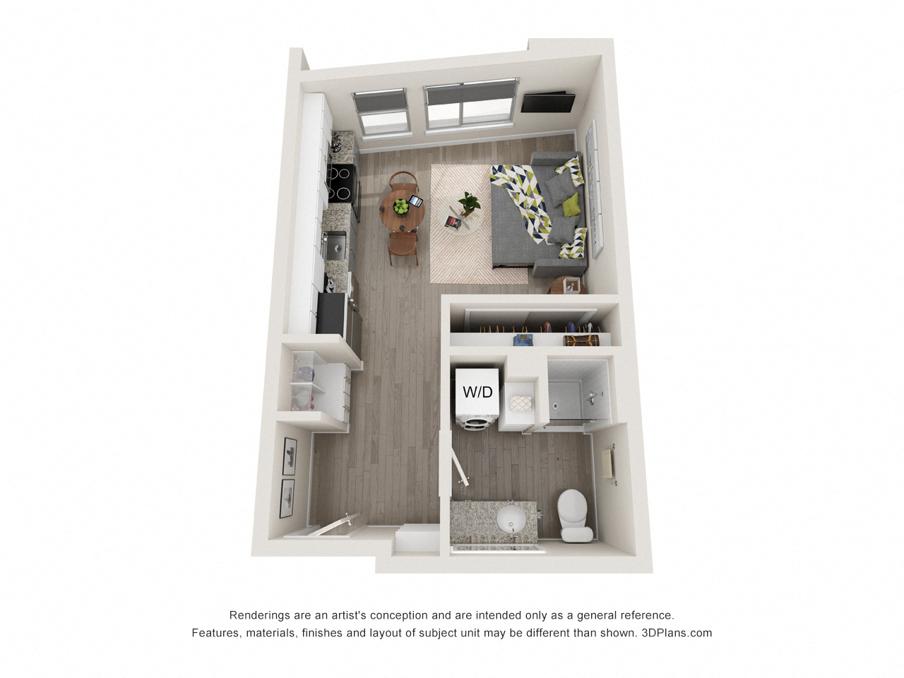 Floor plan for studio, 1 bath, 352 sqft